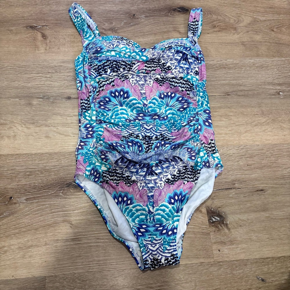 Bond-Eye Australia One Piece Swimsuit Blue Purple Floral Peacock Print Womens 4